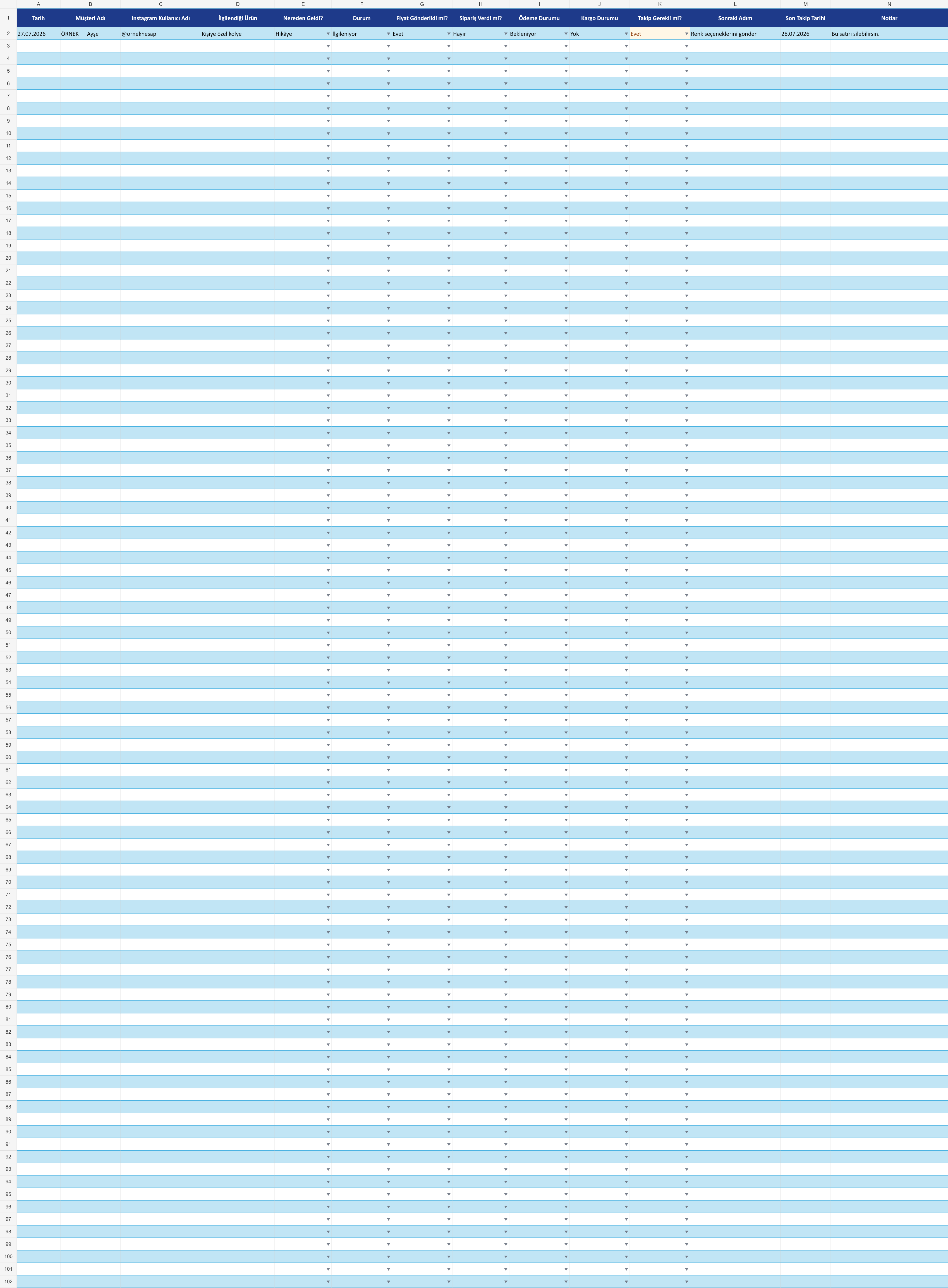 Sipariş takip Excel tablosu önizlemesi